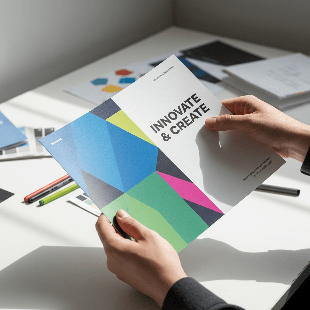 Designer's hands inspecting embossed brochure details under natural light, showcasing print quality and finishing craftsmanship.