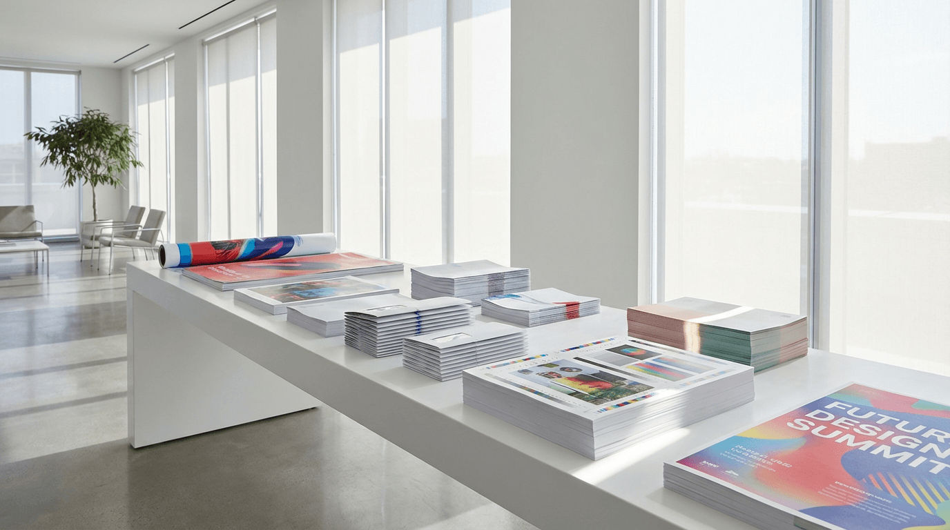 Modern minimalist workspace with neatly stacked diverse print materials illuminated by soft natural daylight, showcasing variety of formats and color quality.