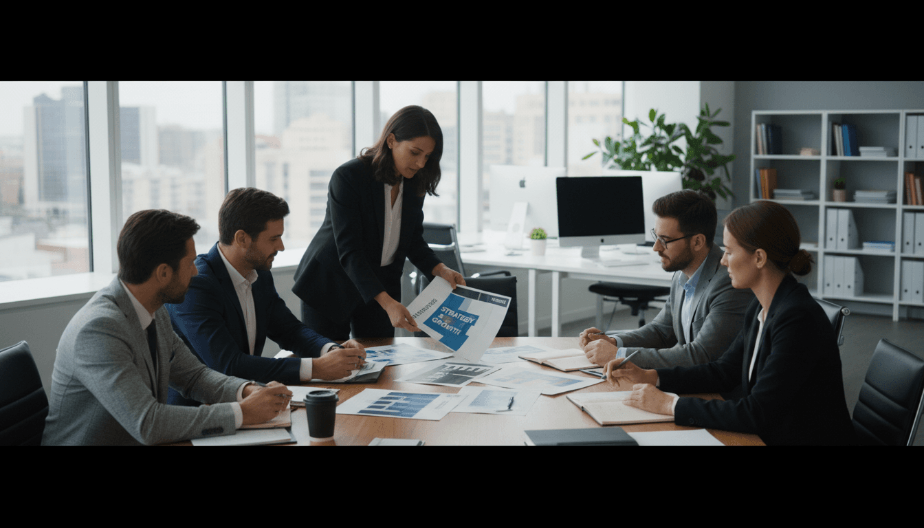 Printed brochures and business materials on a meeting table